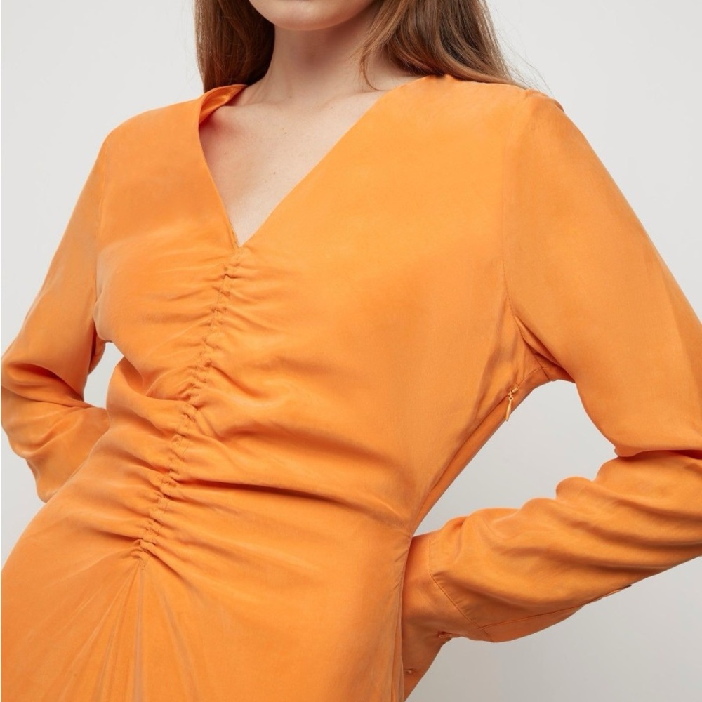 FRIEND of AUDREY Vibrant Orange Ruched Bell Sleeve Sheath Dress - Picture 4 of 5